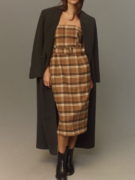 Anthropologie Dresses & Skirts - NWT Anthropologie Brown Plaid Wool Belted Strapless Midi Dress Size 16